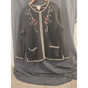 Women Classic Elements Black Full Zip Cardigan Sweater Jacket Large  100% Wool